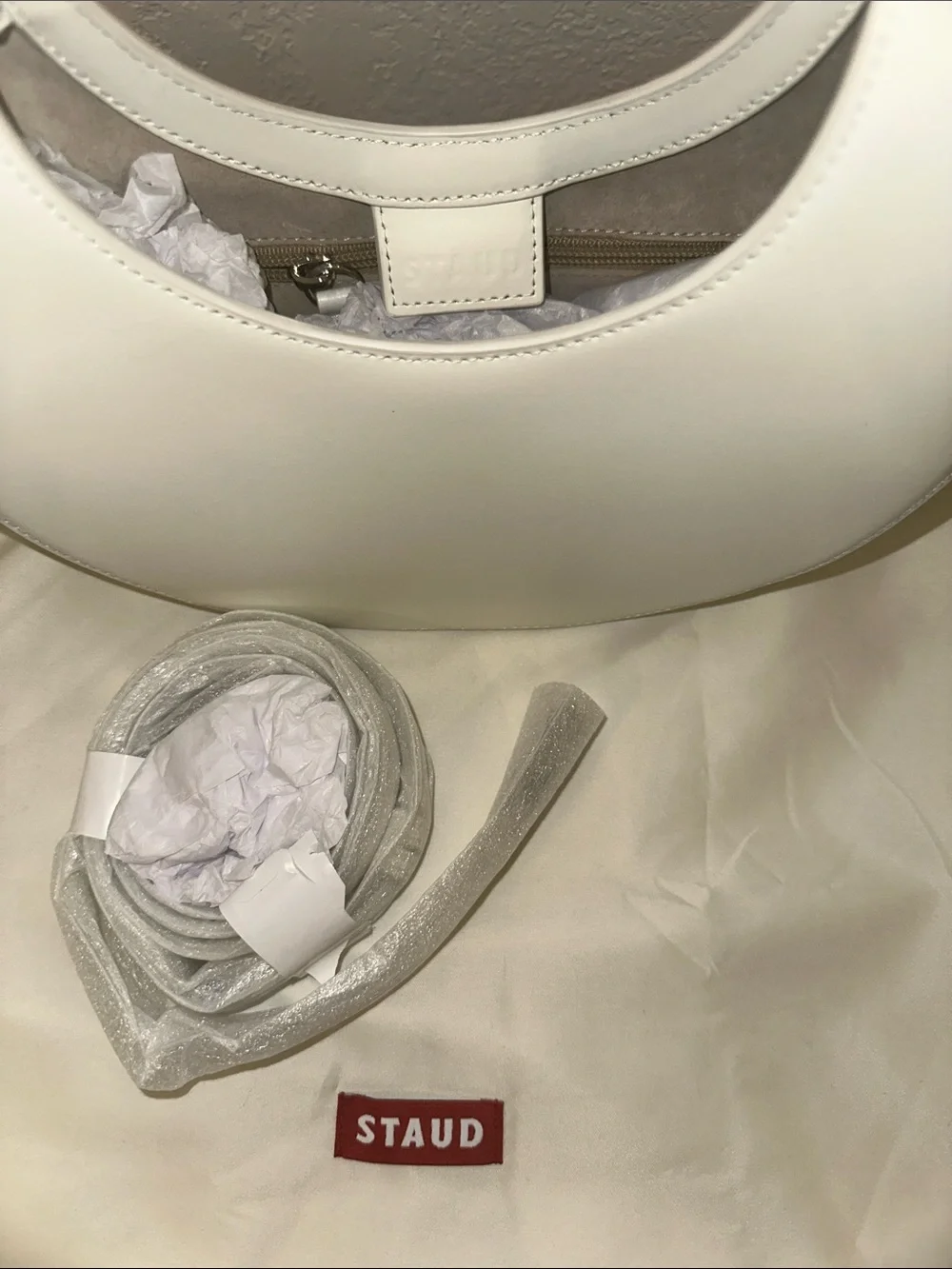 STAUD Crescent Mini Moon Leather Bag White